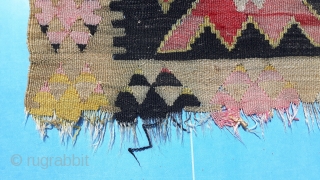 Zippy Kilim.

Fragmentary Turkish item of highly distinctive design and curious material. Wefts and warps are both of lustrous natural yarn which looks and burns like silk. Wacky colour palette to go with  ...