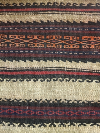 Distinctly rustic Qala-i-Now Afghan kilim. 6ft long. Worn a bit thin in places and has clearly lived an interesting life.             