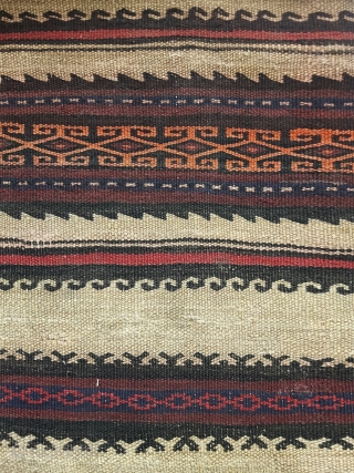 Distinctly rustic Qala-i-Now Afghan kilim. 6ft long. Worn a bit thin in places and has clearly lived an interesting life.             