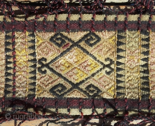 Nice tent band with its tassels and most of its fringy bits intact. Colors faded and mellow. A really great piece of weaving in what I think is called inlaid brocade (plain  ...