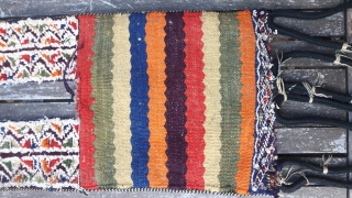 Unusual Moroccan Middle Atlas bags. Beni M'Guild, mid-century, complete. Mainly wool with cotton decoration, spangles and tassels A couple metallic. Pile-woven straps with Berber knots        