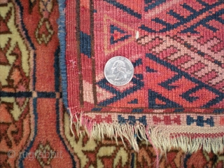 Antique Tekke Turkmen (Turkoman), later 3rd or 4th quarter 19th century, virtually complete, 4' 1" X 3' 8". Great color and unique elem design, overall good condition with a few issues. Has  ...