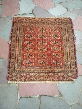 Antique Tekke Turkmen (Turkoman), later 3rd or 4th quarter 19th century, virtually complete, 4' 1" X 3' 8". Great color and unique elem design, overall good condition with a few issues. Has  ...