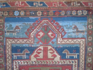 Caucasian Kazak double niche prayer rug, fully restored, full & even pile, unique abrash. Circa late 1800's-1900; colorful & interesting piece. Very usable on floor, or warm & striking wall piece. Size  ...