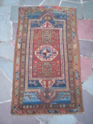 Caucasian Kazak double niche prayer rug, fully restored, full & even pile, unique abrash. Circa late 1800's-1900; colorful & interesting piece. Very usable on floor, or warm & striking wall piece. Size  ...