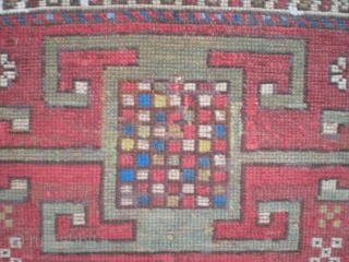 Caucasian Kazak double niche prayer rug, fully restored, full & even pile, unique abrash. Circa late 1800's-1900; colorful & interesting piece. Very usable on floor, or warm & striking wall piece. Size  ...