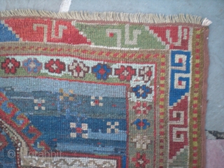 Caucasian Kazak double niche prayer rug, fully restored, full & even pile, unique abrash. Circa late 1800's-1900; colorful & interesting piece. Very usable on floor, or warm & striking wall piece. Size  ...