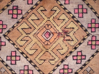 Antique Caucasian rug, 7' 4" X 4' 1", exact provenance unknown to me (Turkish? any info welcome). Unique colors, no repairs, some oxidation to brown, scattered small holes present, minimal selvedge wear,  ...