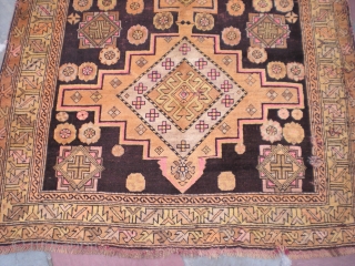 Antique Caucasian rug, 7' 4" X 4' 1", exact provenance unknown to me (Turkish? any info welcome). Unique colors, no repairs, some oxidation to brown, scattered small holes present, minimal selvedge wear,  ...