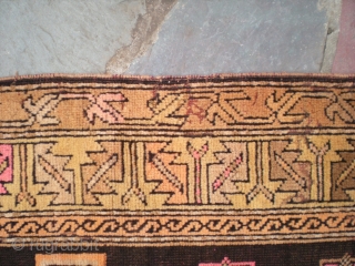 Antique Caucasian rug, 7' 4" X 4' 1", exact provenance unknown to me (Turkish? any info welcome). Unique colors, no repairs, some oxidation to brown, scattered small holes present, minimal selvedge wear,  ...