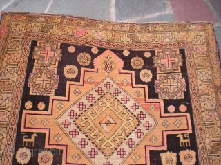 Antique Caucasian rug, 7' 4" X 4' 1", exact provenance unknown to me (Turkish? any info welcome). Unique colors, no repairs, some oxidation to brown, scattered small holes present, minimal selvedge wear,  ...