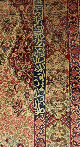 Kermanshah prayer rug from the 4th quarter of the 19th century with
cartouche and inscribed boders. Wide variety of natural colors and
refined execution of vase design. (i.e. Dimensions 4'8" X 7'0")   