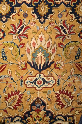 Tabriz, early 20th century, wool on cotton, 350x255 cm, perfect, all organic colours, extremely detailed, graphic drawing, note the tension between the "safavid-sicked leaf" field and the rectangularly drawn salmon border. Also  ...