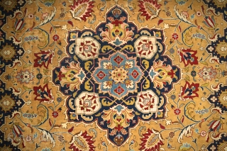 Tabriz, early 20th century, wool on cotton, 350x255 cm, perfect, all organic colours, extremely detailed, graphic drawing, note the tension between the "safavid-sicked leaf" field and the rectangularly drawn salmon border. Also  ...