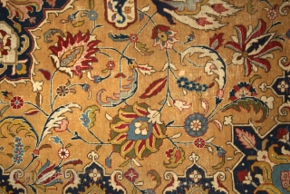 Tabriz, early 20th century, wool on cotton, 350x255 cm, perfect, all organic colours, extremely detailed, graphic drawing, note the tension between the "safavid-sicked leaf" field and the rectangularly drawn salmon border. Also  ...