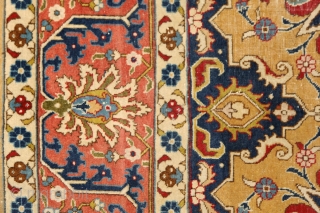 Tabriz, early 20th century, wool on cotton, 350x255 cm, perfect, all organic colours, extremely detailed, graphic drawing, note the tension between the "safavid-sicked leaf" field and the rectangularly drawn salmon border. Also  ...