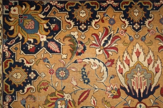 Tabriz, early 20th century, wool on cotton, 350x255 cm, perfect, all organic colours, extremely detailed, graphic drawing, note the tension between the "safavid-sicked leaf" field and the rectangularly drawn salmon border. Also  ...