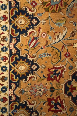 Tabriz, early 20th century, wool on cotton, 350x255 cm, perfect, all organic colours, extremely detailed, graphic drawing, note the tension between the "safavid-sicked leaf" field and the rectangularly drawn salmon border. Also  ...