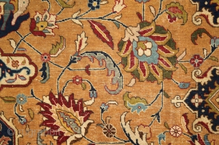 Tabriz, early 20th century, wool on cotton, 350x255 cm, perfect, all organic colours, extremely detailed, graphic drawing, note the tension between the "safavid-sicked leaf" field and the rectangularly drawn salmon border. Also  ...