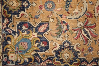 Tabriz, early 20th century, wool on cotton, 350x255 cm, perfect, all organic colours, extremely detailed, graphic drawing, note the tension between the "safavid-sicked leaf" field and the rectangularly drawn salmon border. Also  ...