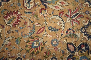 Tabriz, early 20th century, wool on cotton, 350x255 cm, perfect, all organic colours, extremely detailed, graphic drawing, note the tension between the "safavid-sicked leaf" field and the rectangularly drawn salmon border. Also  ...