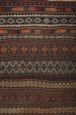 "There is geometry in the humming of the strings, there is music in the spacing of the spheres." Pythagoras
Baluch kilim, 19th century. Nearly perfect condition with original sides & ends. Great range  ...