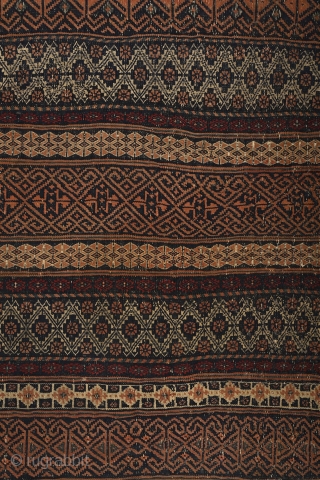 "There is geometry in the humming of the strings, there is music in the spacing of the spheres." Pythagoras
Baluch kilim, 19th century. Nearly perfect condition with original sides & ends. Great range  ...