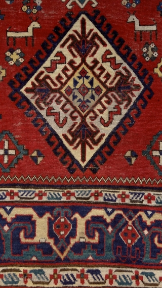 Shulaver Kazak rug, Cacasus, 19th century with fantastic cloud-band borders, a straight line from the anatolian middle-age weaving traditions. Very well preserved condition, healthy side cords and ends. Lower pile in the  ...