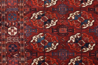 "There is geometry in the humming of the strings, there is music in the spacing of the spheres." Pythagoras Tekke main carpet, mid. 1800's. Shining in its full glory. Some old restoration  ...