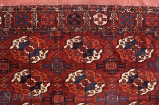 "There is geometry in the humming of the strings, there is music in the spacing of the spheres." Pythagoras Tekke main carpet, mid. 1800's. Shining in its full glory. Some old restoration  ...