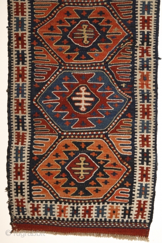 Unusual, rare Shashavan Panel. Probably Mafrash? 94x36 cm. All natural dyes with really rare orange-colour.Attractive piece with harmonical color combination and pattern. Wool on wool.No cotton.
End of 19th century. Or earlier? Perfect  ...