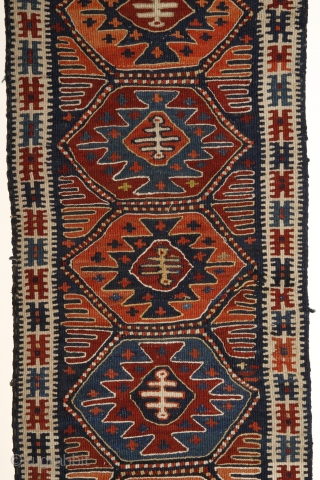 Unusual, rare Shashavan Panel. Probably Mafrash? 94x36 cm. All natural dyes with really rare orange-colour.Attractive piece with harmonical color combination and pattern. Wool on wool.No cotton.
End of 19th century. Or earlier? Perfect  ...