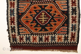 Unusual, rare Shashavan Panel. Probably Mafrash? 94x36 cm. All natural dyes with really rare orange-colour.Attractive piece with harmonical color combination and pattern. Wool on wool.No cotton.
End of 19th century. Or earlier? Perfect  ...