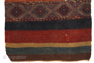 Very early anatolian Ala Chuval. 100x83 cm.
mid. or early 19th century. Used condition.
The weaving is so finely made: 6 weft-yarn on 1 cm. (!)
Colours are simply perfect: 3 different kinds of blues  ...