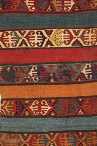 Konya Kilim, Anatolia, late 19th century, maybe earlier? 148x288
From two long panels:72x282cm and 76x288cm, Still not sewed together.
Fantastic, deep and strong natural dyes! Wool on wool without cotton.
Perfect condition.
I've never seen on  ...