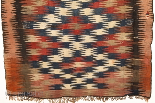 Veramin/Varamin Kilim, 110x224cm, end of the 19th century.
Beautiful vegetable dyed colors combined with natural light-brown coloured wool.
Wool on wool. Very archaic look, dazzling design, early type of Vermain kilims, real tribal piece.
Embroidered  ...