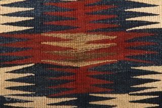 Veramin/Varamin Kilim, 110x224cm, end of the 19th century.
Beautiful vegetable dyed colors combined with natural light-brown coloured wool.
Wool on wool. Very archaic look, dazzling design, early type of Vermain kilims, real tribal piece.
Embroidered  ...