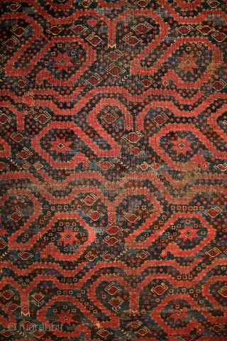 Mythic turkmen Beshir ‘snake/dragon/cloudband’ main carpet from the 19th century. 
Have you ever seen such a complex border system on that type? Dozens of scorpions (?) in border’s partly blue water. The  ...