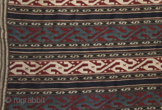 'Swastika' Jajim, 19th century, Caucasus, most probably Sahsavan, 162x148 cm, perfect condition. Never seen a piece before with comlete Swastika design.... Did you? More pieces on sale: http://rugrabbit.com/profile/5160     