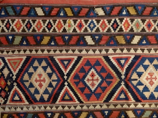 Shirwan kilim, mid19th century, probably the half of a longer kilim, 167x150 cm, deep dyes (much deeper than appearing on the pics) & very fine weave. added fringes at the bottom, otherwise  ...