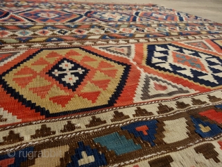 Shirwan kilim, mid19th century, probably the half of a longer kilim, 167x150 cm, deep dyes (much deeper than appearing on the pics) & very fine weave. added fringes at the bottom, otherwise  ...