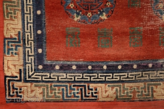 Mytical chinese? monastry carpet, first half of 19th century,  absolutely unusual main field full of (probably) longevity "shou" and "fuo" symbols around 5 mystic floating medallion. Exceptionally drawn 3 dimensional swastika  ...