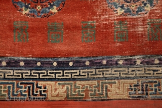 Mytical chinese? monastry carpet, first half of 19th century,  absolutely unusual main field full of (probably) longevity "shou" and "fuo" symbols around 5 mystic floating medallion. Exceptionally drawn 3 dimensional swastika  ...