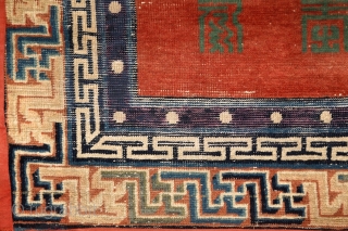 Mytical chinese? monastry carpet, first half of 19th century,  absolutely unusual main field full of (probably) longevity "shou" and "fuo" symbols around 5 mystic floating medallion. Exceptionally drawn 3 dimensional swastika  ...