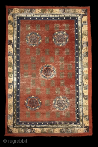 Mytical chinese? monastry carpet, first half of 19th century,  absolutely unusual main field full of (probably) longevity "shou" and "fuo" symbols around 5 mystic floating medallion. Exceptionally drawn 3 dimensional swastika  ...