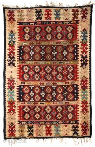 Sarköy Kilim, 19th cent, 137x207 Paper thin weaving: 7 weft-yarn on 1 cm!
Some little damage here&there, but nothing serious.  Both end is fixed with a dark-blue ribbon. more pieces: http://rugrabbit.com/profile/5160  