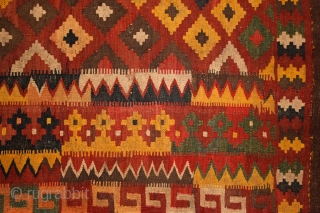 Meymaneh / Maimana kilim, Afghanistan, early 20th century, 325x200 cm, wool on wool, some old repairs here&there, otherwise complete, great, strong organic dyes, thick wool, can be used even under heavy traffic.  ...