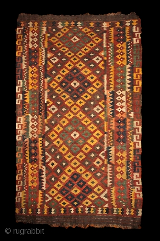 Meymaneh / Maimana kilim, Afghanistan, early 20th century, 325x200 cm, wool on wool, some old repairs here&there, otherwise complete, great, strong organic dyes, thick wool, can be used even under heavy traffic.  ...