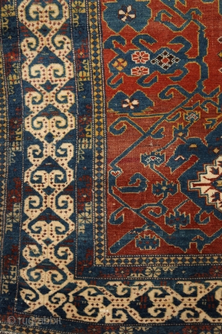 Daghestan rug, 2nd half of 19th century, wool on wool, 140x110 cm, wonderful, rare (unknown for me until now) border, harmonious colouring and very well balanced, spacious, ultra graphic drawing in the  ...