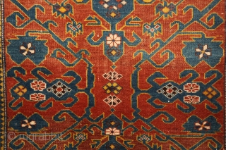 Daghestan rug, 2nd half of 19th century, wool on wool, 140x110 cm, wonderful, rare (unknown for me until now) border, harmonious colouring and very well balanced, spacious, ultra graphic drawing in the  ...